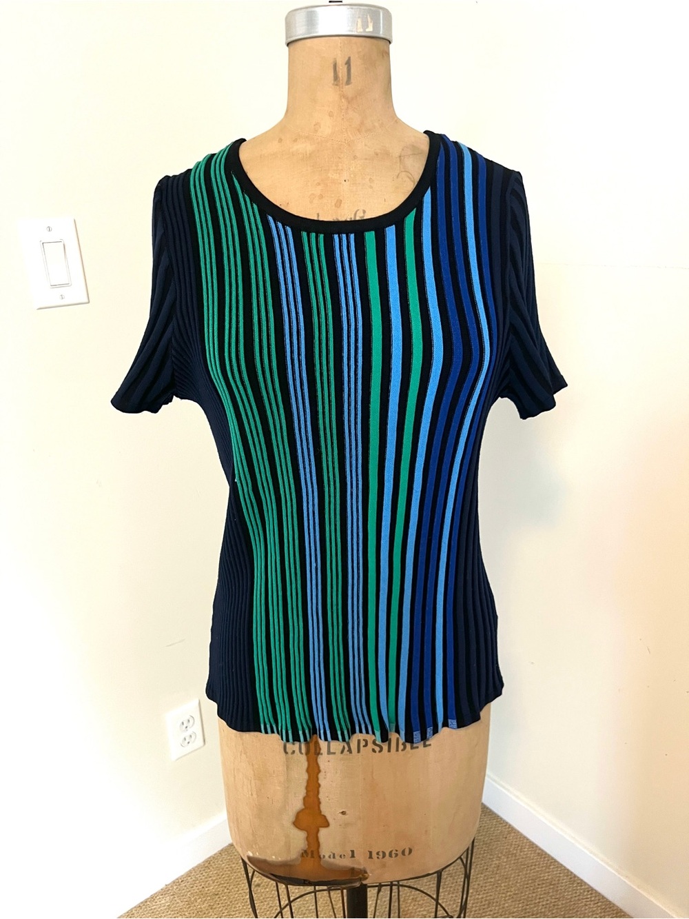 Women’s Navy Short-Sleeve Ribbed Top with Blue and Green Stripes